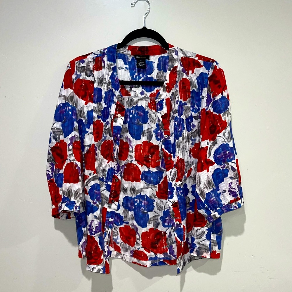 BCBGMaxAzria Classy Button-Up Top Tri-Color Floral Blouse Red White Blue Size XL